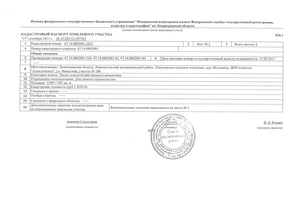 Кадастровый паспорт Поместье Алексеевское